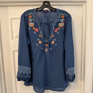 Johnny Was Blue Blouse with Vibrant Embroidery